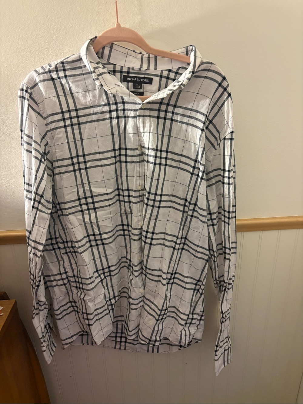 Michael Kors Men’s XL Slim Fit Black White Plaid Cotton Button Down
